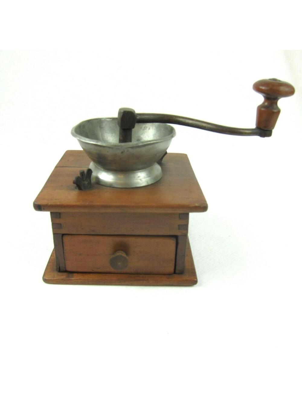 Antique Coffee Grinder Hand Crank Wood Box w/ Drawer Dovetail Joints & Metal Top